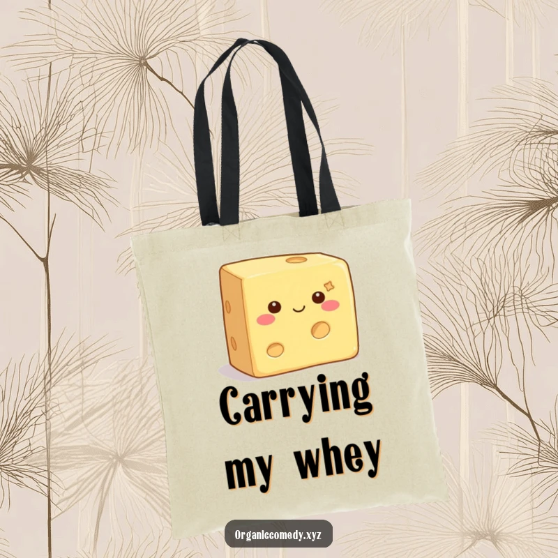 Funny Tote Bag displaying a square, contented cheese block with small eyes, wiggling adorably, ready for shopping trips.